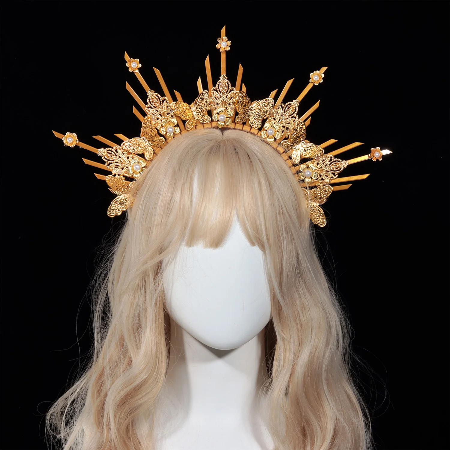 Girls Crown Halo Headpiece Wedding Headwear Cosplay Women Sun Goddess Pearl Halloween Carnival Party Headdress Costume Props