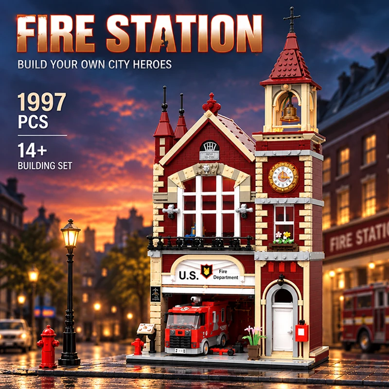 Vintage Street View Fire Truck Building Blocks Fire Station Architecture Display Sets City Model Collection Building Toys Gifts