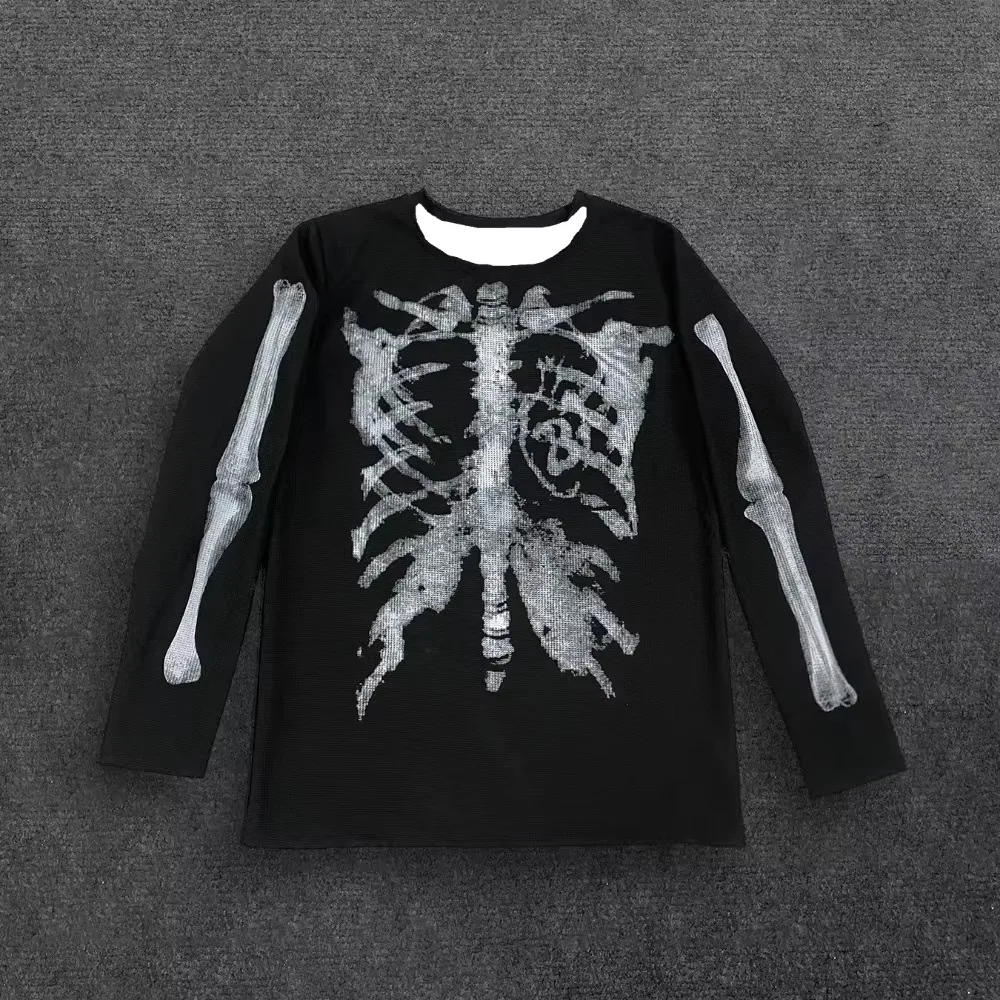 Men's T-shirt Long Sleeve Vintage Skeleton Graphic Print Gothic Streetwear Autumn Casual Loose Fashion Tops For Halloween Unisex