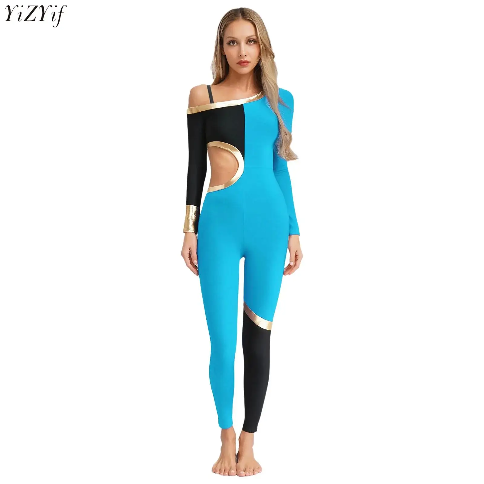 

Womens Gymnastics Jumpsuit One Shoulder Adjustable Spaghetti Strap Long Sleeve Metallic Color Block Waist Cut Out Dance Rompers