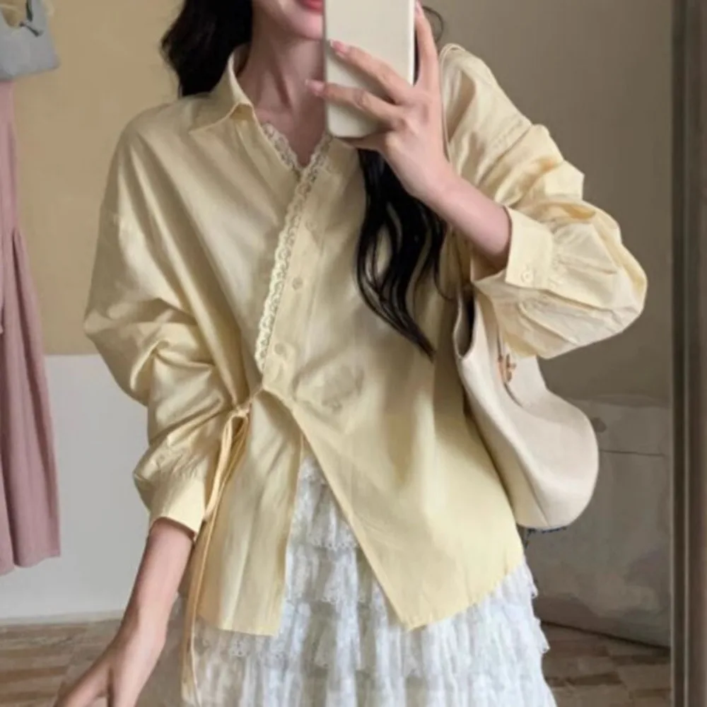 

V-neck Irregular Diagonal Tie T-shirt Patchwork Crop Top Long Sleeve Blouse Chic Retro Lace Basic Tees Shirts Women Summer