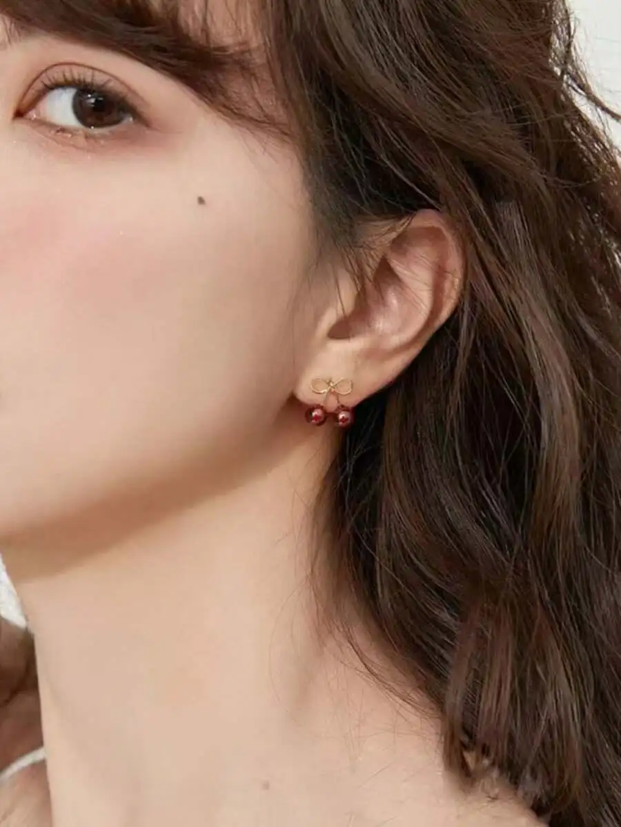 1pair Cherry/Wine Red Cute Fresh Fruit Design Small Stud Earrings For Women, Suitable For Daily, Casual & Business Occasions view 5