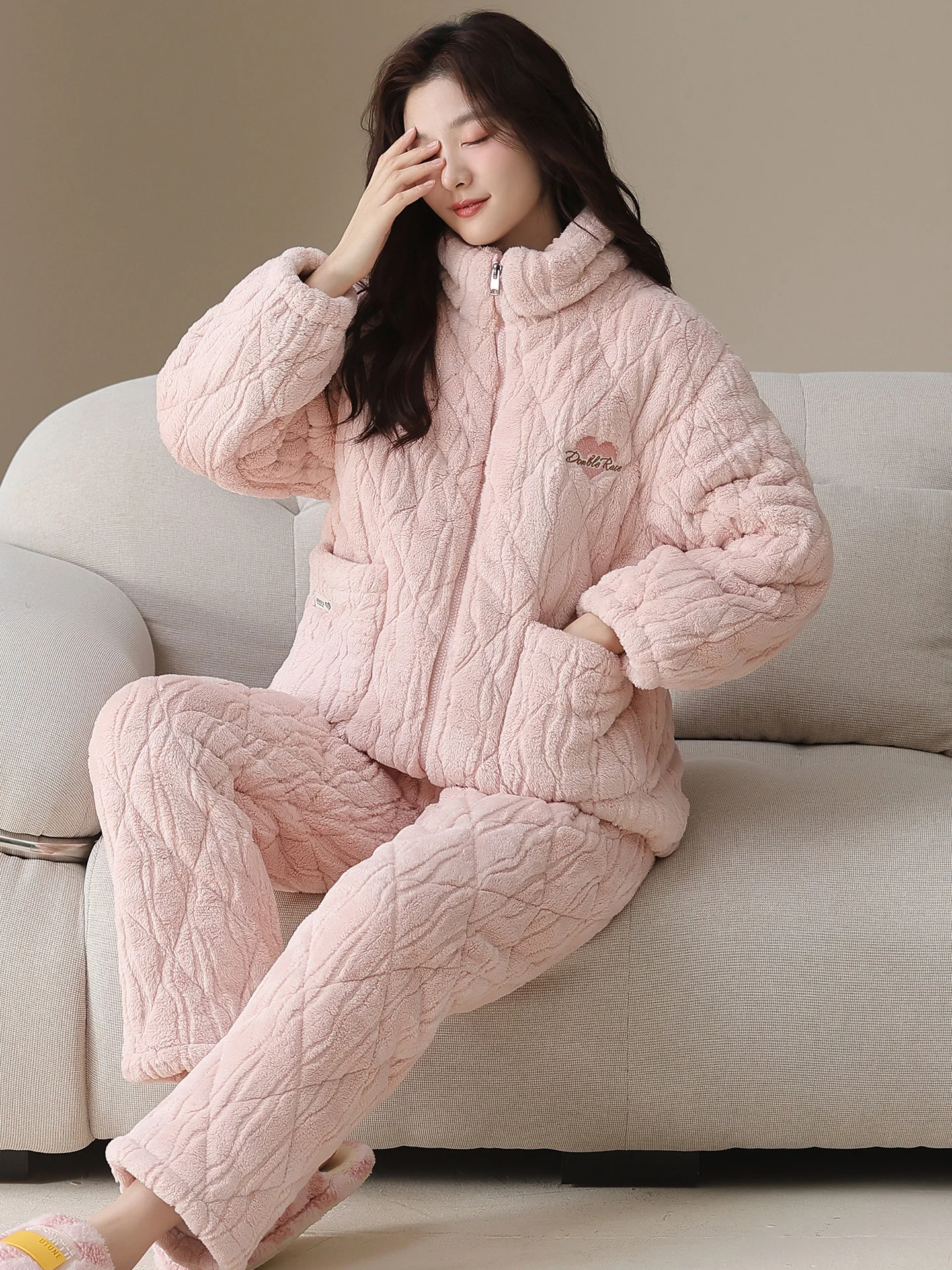 thiened-coral-fce-ensemble-de-pyjamas-femmes-hiver-sle-maison-vetements-long-sve-col-montant-fermeture-eclair-cardigan-sle-spwear