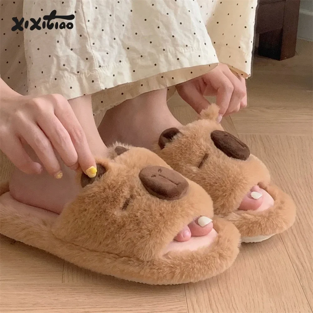 Indoor Warm Soft Sole Fluffy Slippers for Woman Autumn Winter Warm Shoes Cute Cartoon Flip-flops Couples Home Bedroom Slides