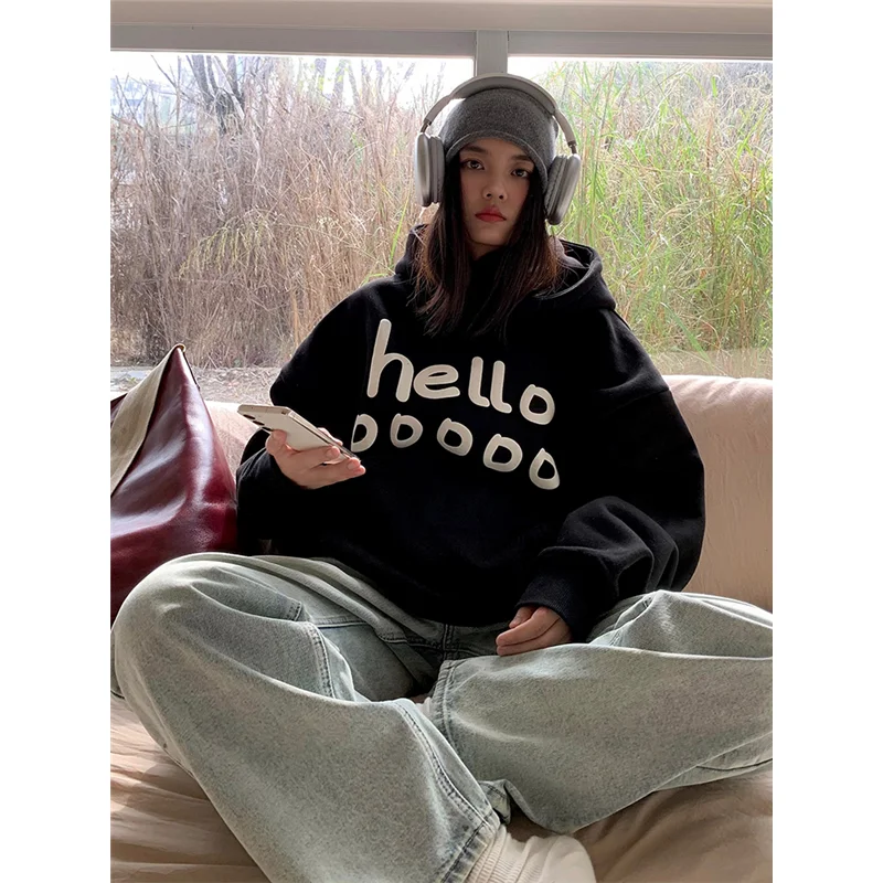 Womens Clothing Vintage Street Sweatshirt Y2K Letter Pullover Hoodie Long Sleeves Casual Warm Oversize Baggy Ladies Tops Autumn