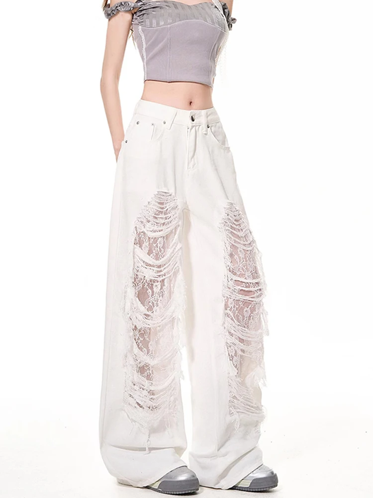 Pantalones vaqueros de pierna ancha rasgados de encaje blanco para mujer, pantalones de pierna recta informales, versátiles, holgados, a la moda, para verano y otoño, 2025