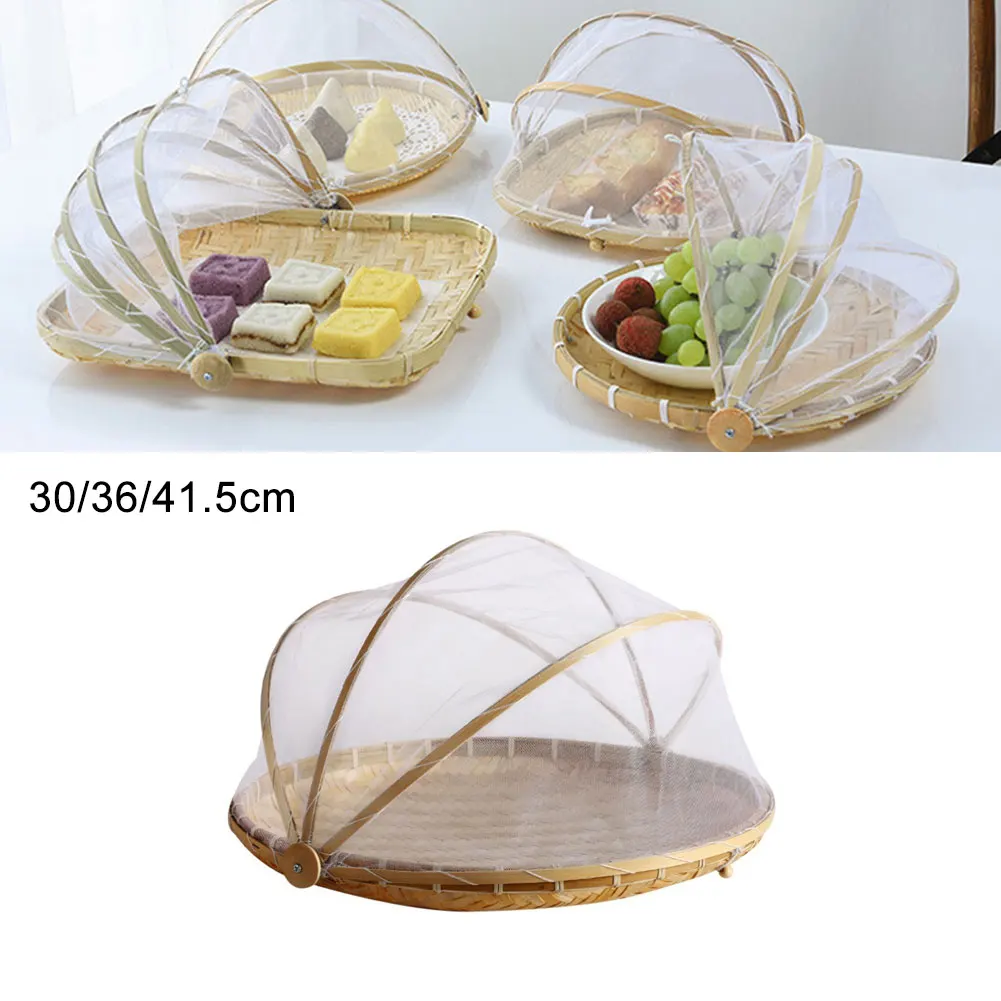 Bamboo Woven Basket With Anti-Mosquito Net Fruit Vegetable Basket Dustpan Round Dustproof Wicker Picnic Tray