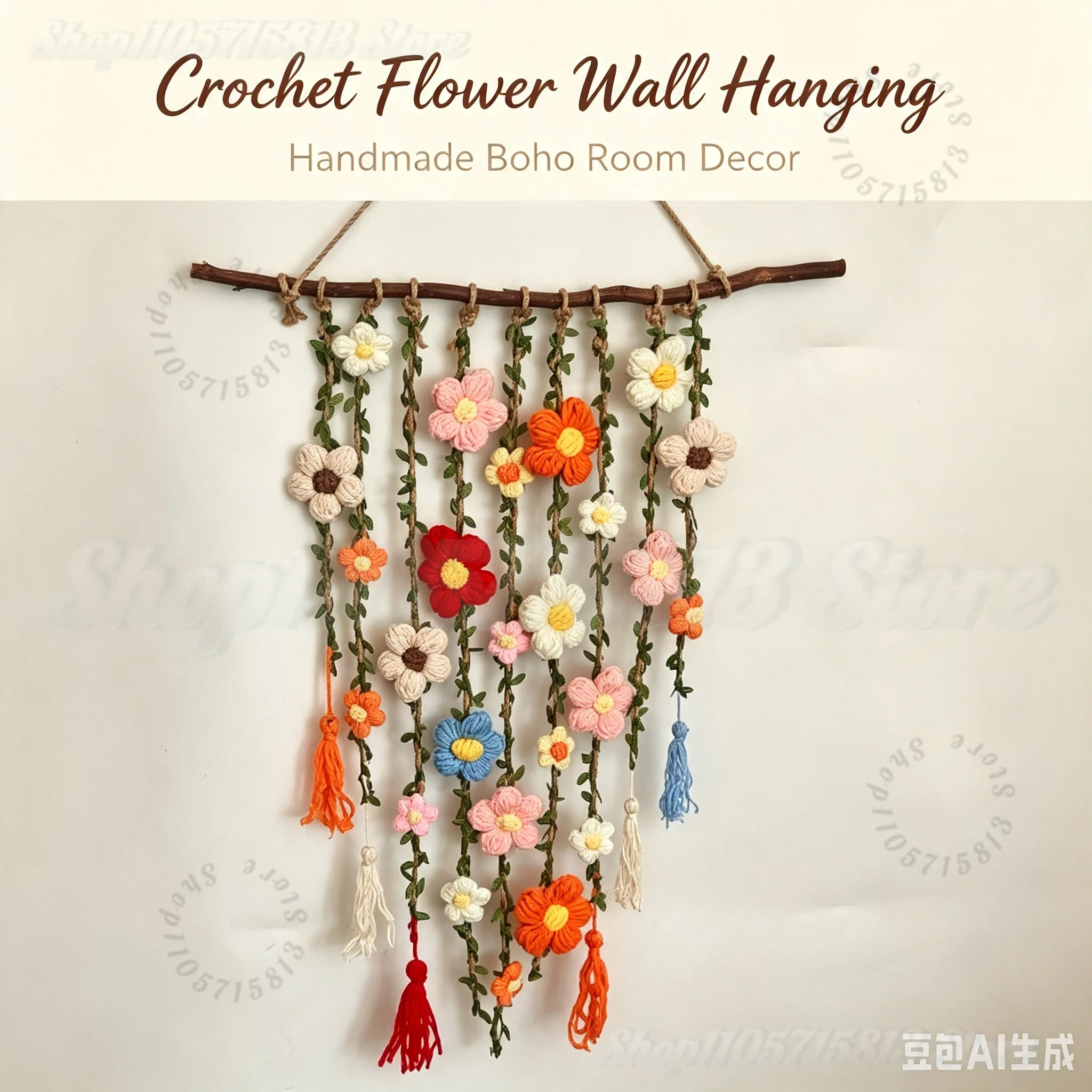 Handmade Crochet Wildflower Vine Wall Hanging Natural Branch Floral Macrame Tapestry Boho Cottagecore