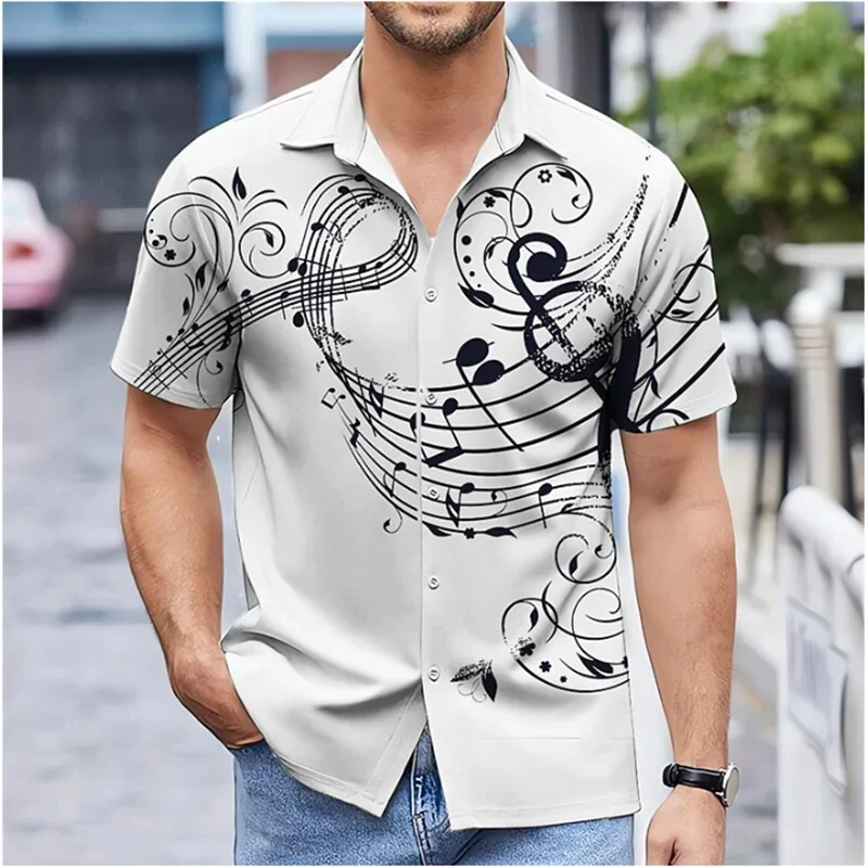 Men\'s music printed Hawaiian shirt, casual oversized street short sleeved shirt, comfortable and soft, various colors of summer