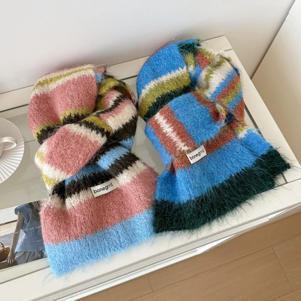 Women Fashion Stripe Woolen Shawl Colorful Thermal Mongolian Poncho Thickened High End Neck Protection Knitted Scarf