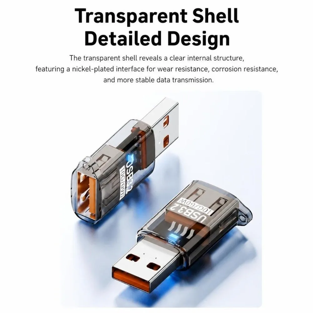 Transparent USB Male To Female Adapter 60W Plastic USB Extension Adapter High Speed OTG Function USB Adapter Vehicle Connection