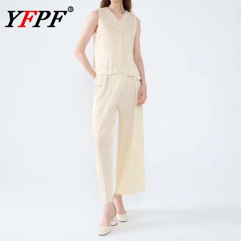 

YFPF Miyake Pleated Fashion Design Set For Women Sleeveless V Neck Button Vest + Long Pants Solid Casual 2025 New Clothing