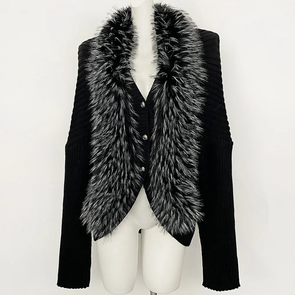 OFTBUY V-Ausschnitt Kunstpelzkragen Gerippter Strickpullover Mantel Damen Kurze Strickjacke Locker Geschnittene Schulter Neue Winteroberbekleidung – Detail 6