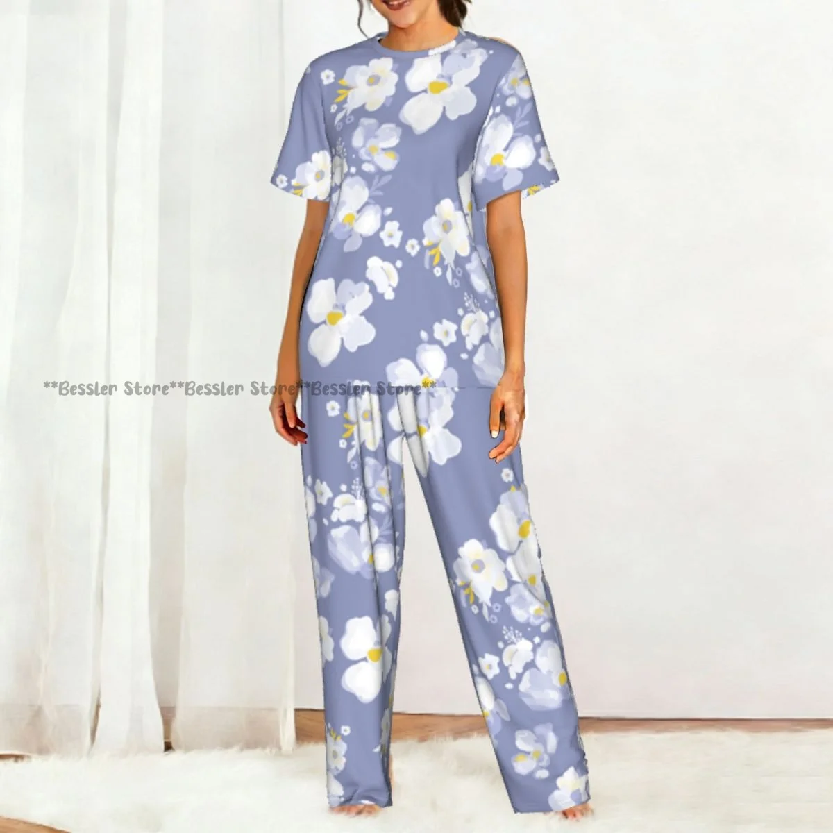 Women's 2-piece set Delicate Daisy Floral Pajamas Short sleeved Top and Pants Sleepwear view 5