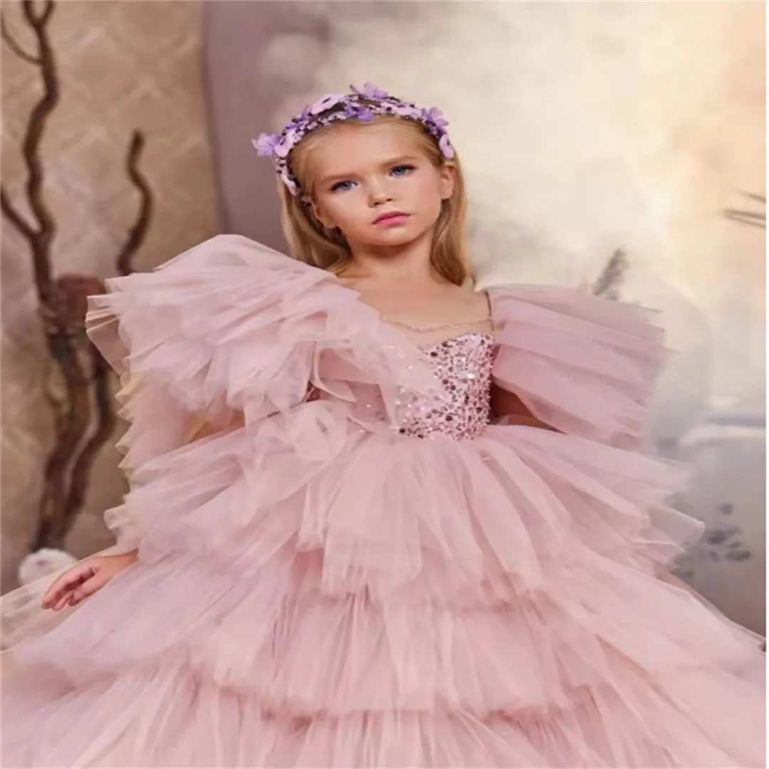 Newest Puffy Tulle Tiered Girls Princess Gown For Stage Performance Exquisite Sequined Kids Dresses For Children's Day