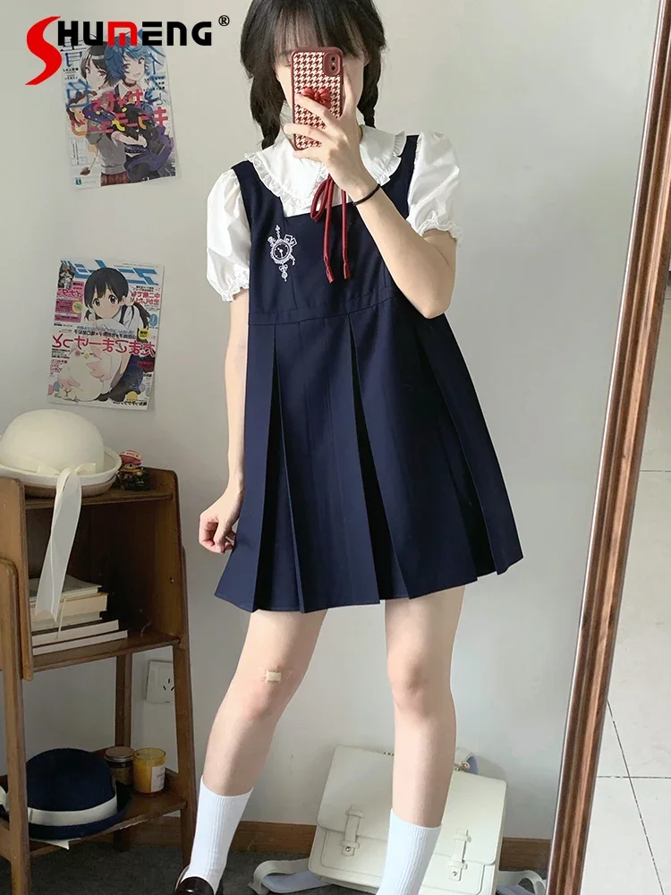 Japanese Preppy Style JK Uniform Suit Polo Collar Short Sleeve Inner Shirt Embroidered Pleated Short Dress Two-piece Set Women