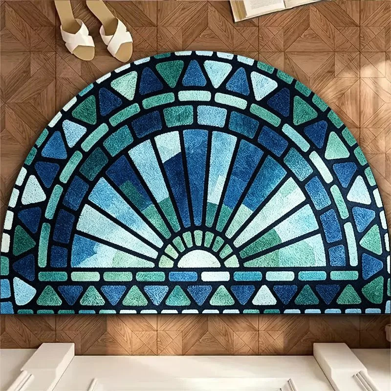 VIKAMA Semi-Circular Fan-Shaped Blue-Green Gradient Art Entrance Doormat Foyer Bathroom Entrance Home Carpet Home Decoration