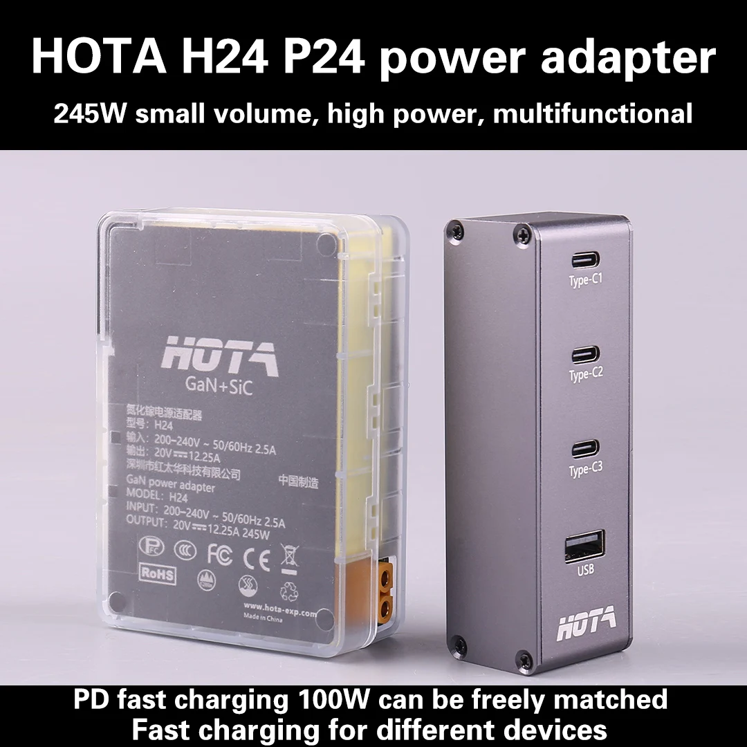 HOTA H24 245W GaN Gallium Nitride AC Adapter P24 PD 248W USB Type-C Charger w/ 3-6S XT60 Input