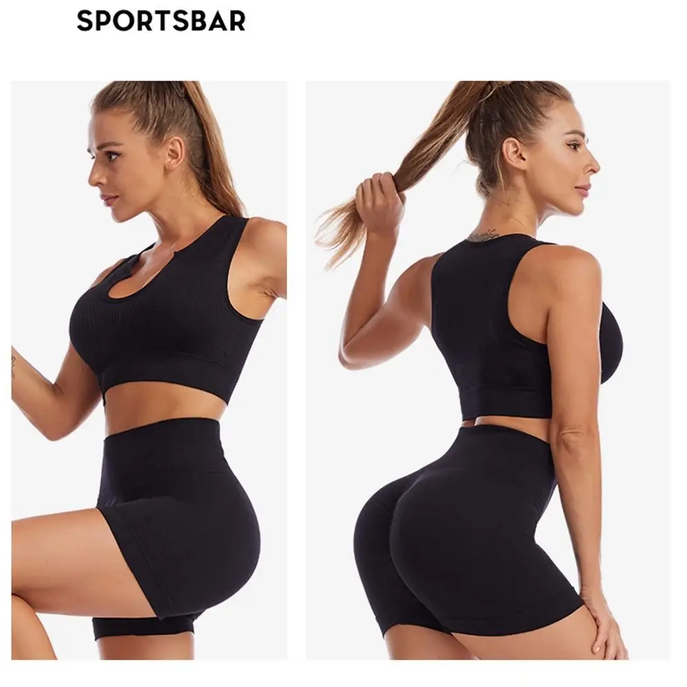 بدلة يوجا نسائية من النايلون بدون وسادة حمالات قابلة للتمدد شورت بدلة ضلع متماسكة مريحة قمصان للجري ملابس اللياقة البدنية #3