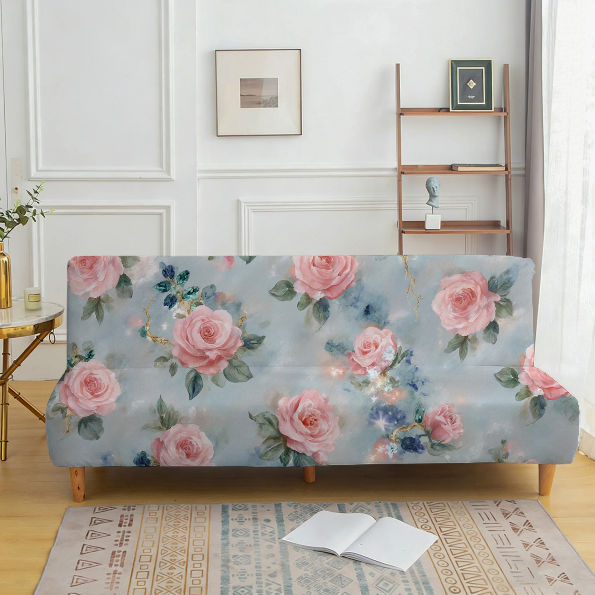 Stretch sofa bed cover, gentle pink rose sofa bed cover, all-inclusive dust cover, easy to install, machine washable