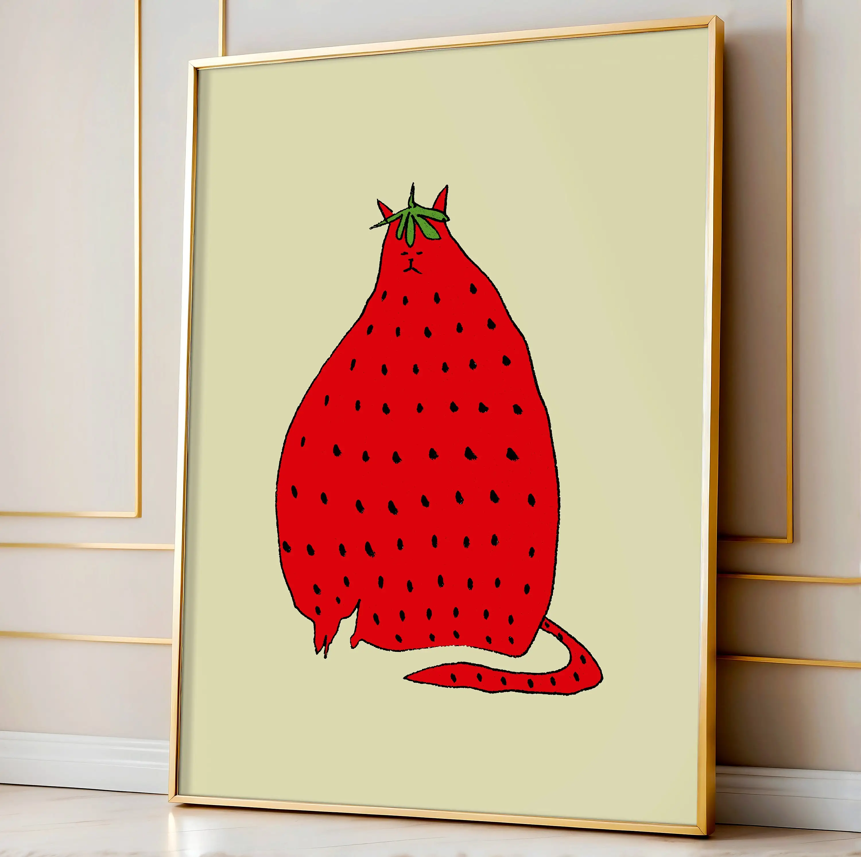 Strawberry Cat Print Illustration Poster and Print Nursery Wall Art Canvas Painting Picture for Kids Room Kitchen Decor