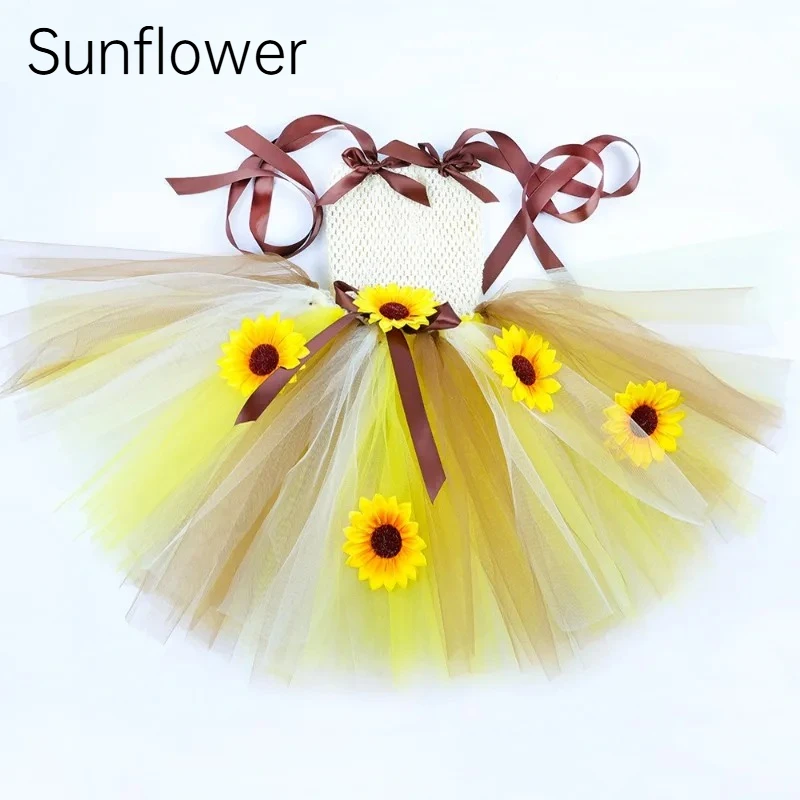Sunflower Kid Tulle Princess Dress Fairy Tutu With Wings Performance Set Halloween Christmas Party Holiday Outfit Cute GirlDress
