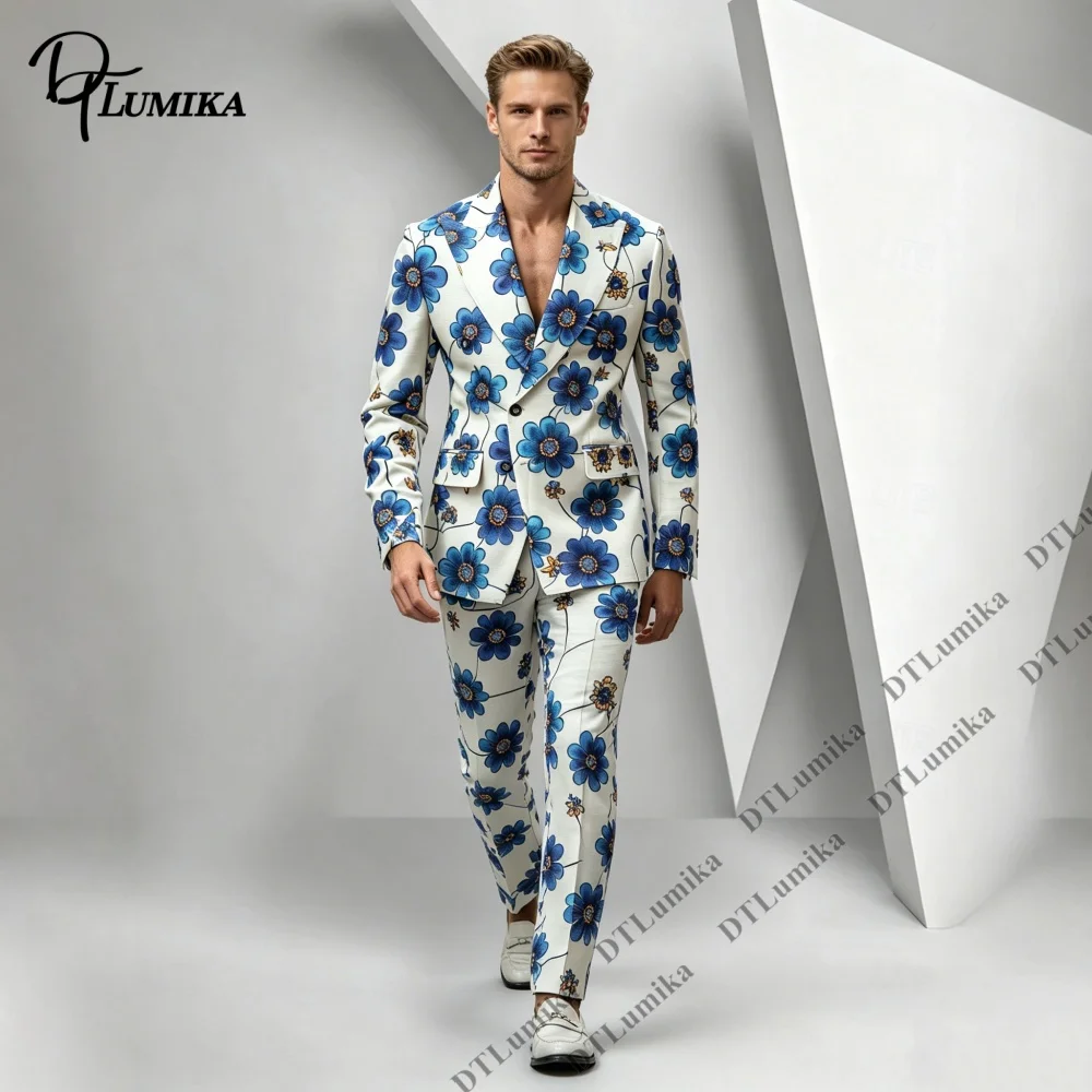 

Blue Daisy Floral Print Summer Suit for Men, Two Piece (Jacket Pants) Fashion Shoot Stage Performance Prom Beach Vacation Suits