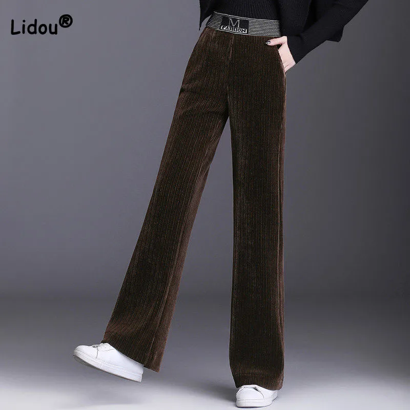 

Autumn Winter Fashion Fleece Female Elastic High Waist Wide Leg Trousers Casual Vintage Loose Solid Color Pants Women's Clothing