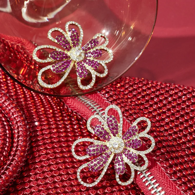 HUANZHI Pink Exaggerated Rhinestone Flower Hollow Metal Earrings for Women Girls Trend Design Wholesale Jewelry Gifts 2024 New