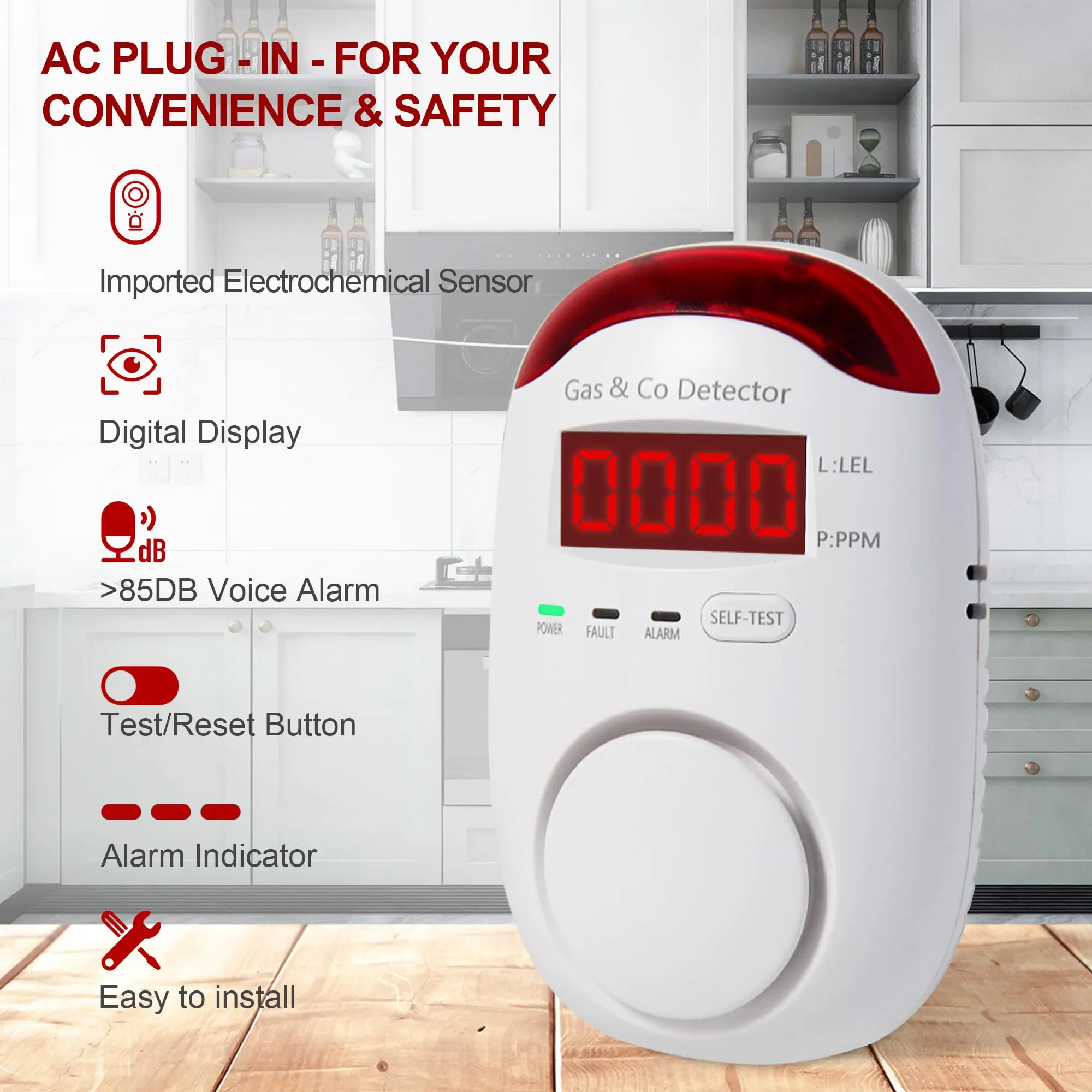Combination Gas & Carbon Monoxide Detectors Plug in,2-in-1 Natural Gas Detector & Carbon Monoxide Alarm, CO Detector Alarm & Propane, Explosive Gas Detector for Home,RV,Easy to Install