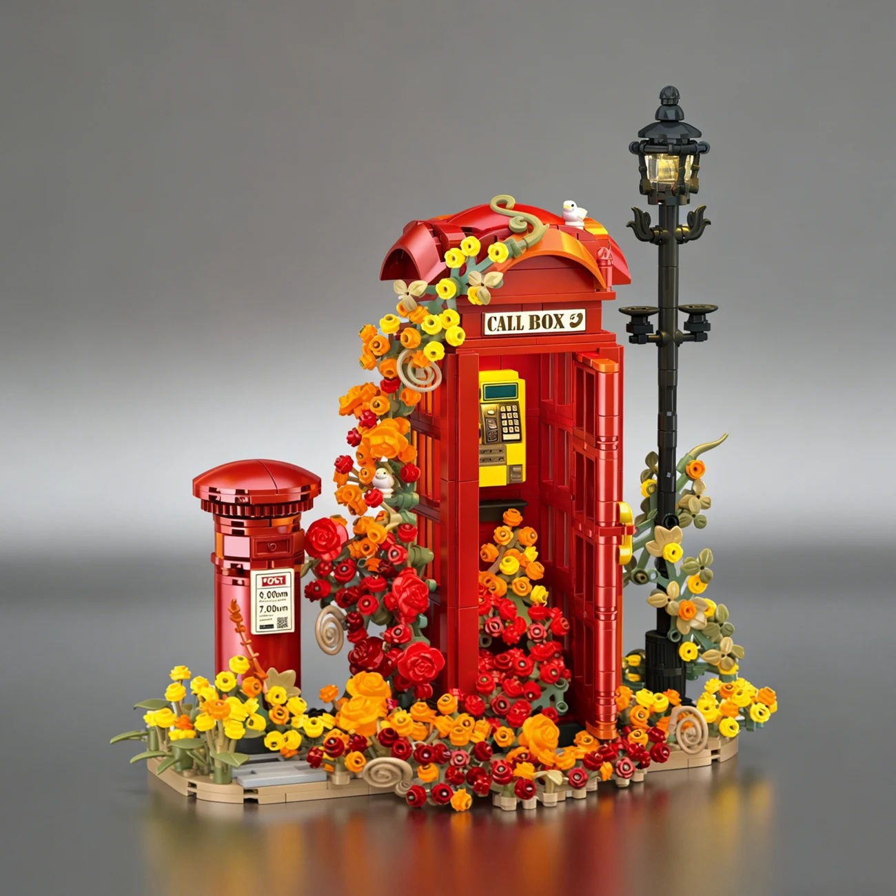 Flower Telephone Kiosk Box London Streetview Retro Street Bricks City Classic Display Model Building Block Gift Kid Set