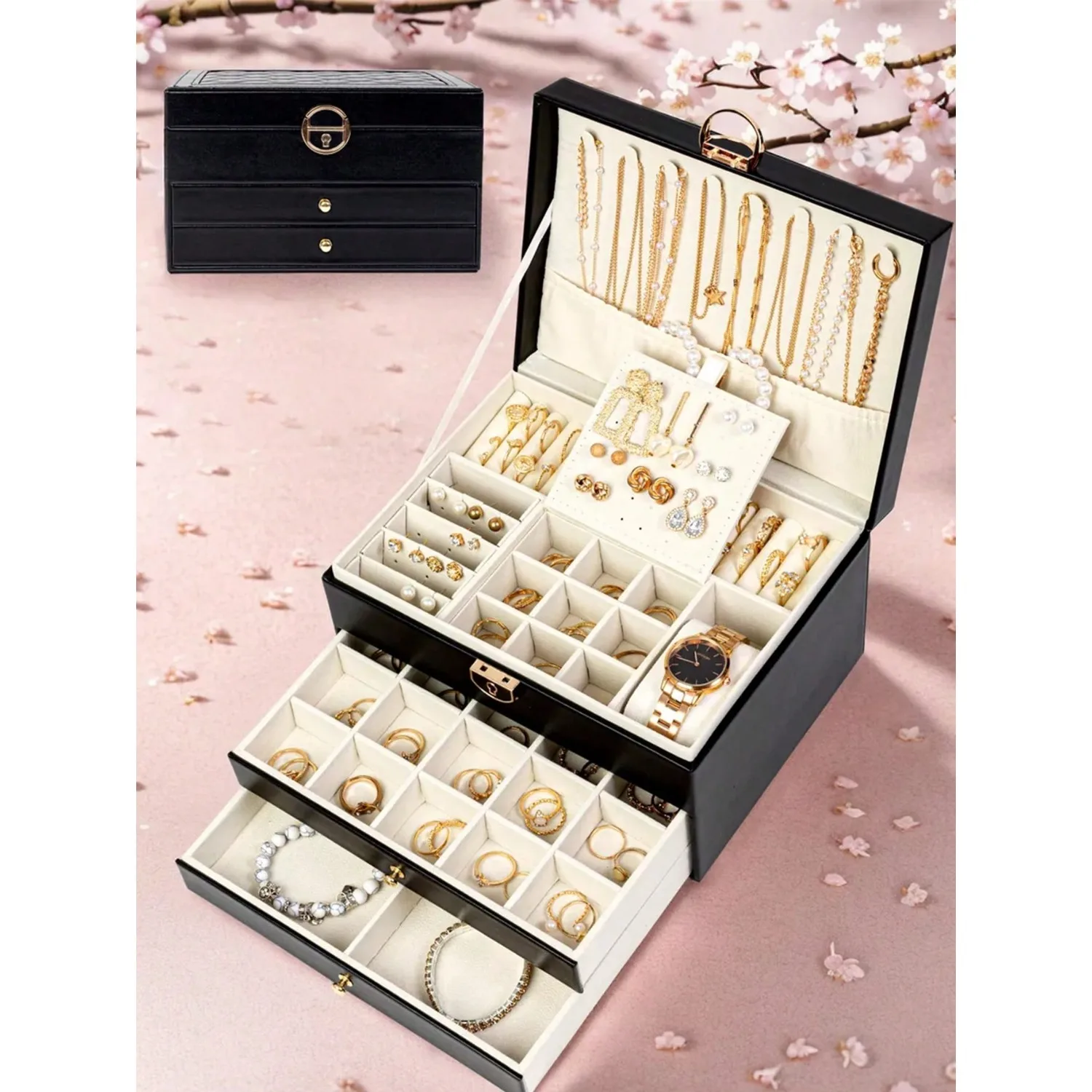 

3-Layer Locking Large Capacity Jewelry Storage Box, Portable Jewelry Storage Box, Dresser Jewelry Storage Box With Drawer, Gift