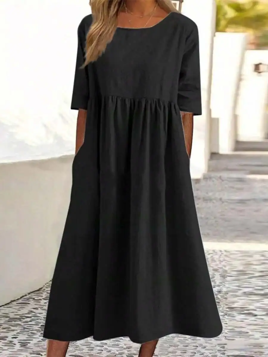 

Black Loose Fit Midi Dress With Pockets Round Neck Half Sleeves Casual Summer