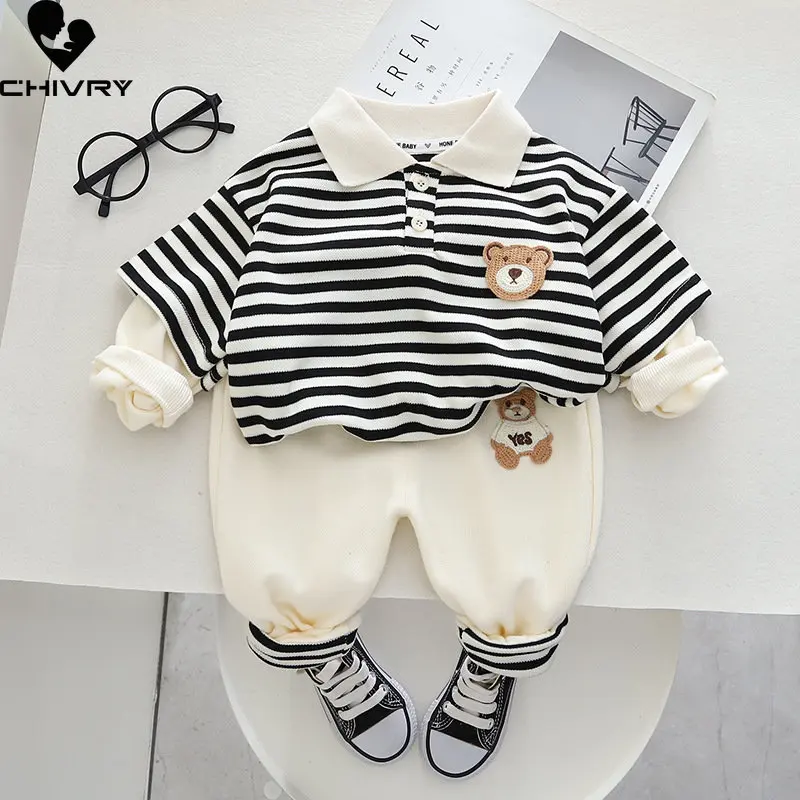 Boys Fashion Clothing Sets New 2023 Baby Boy Spring Autumn Cartoon Bear Striped Lapel Shirts Tops with Pants Kids Casual Clothes