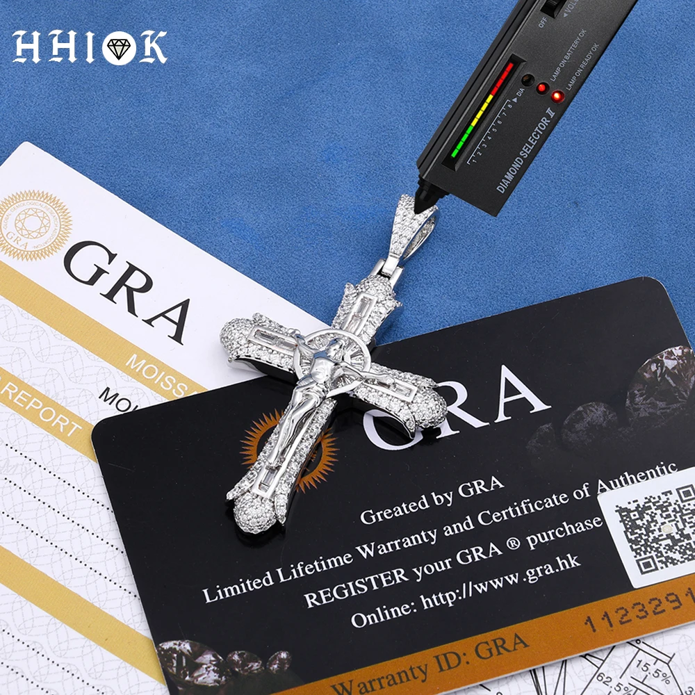 HHIOK VVS1 Moissanite Diamond Cross Pendant Passes Tester Copper Iced Out Crucifix Charm Hip Hop Necklace Men Women Jewelry GRA