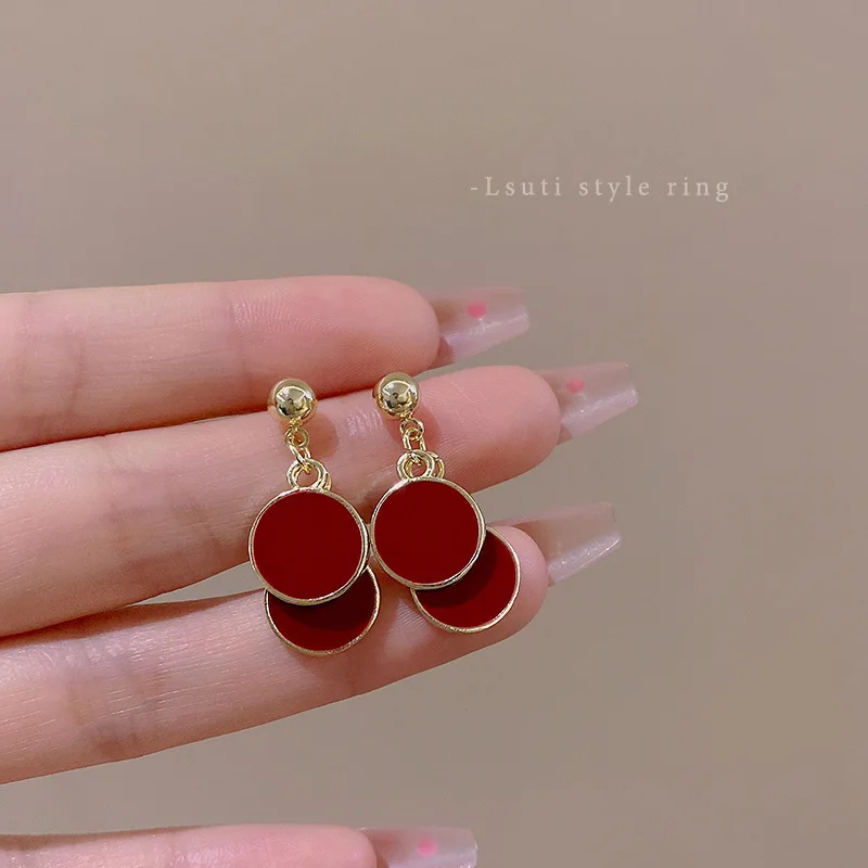 New model Elegance Simplicity Popularity Luxury with a touch of elegance Retro style  Deep wine red Alloy Round pendant earrings