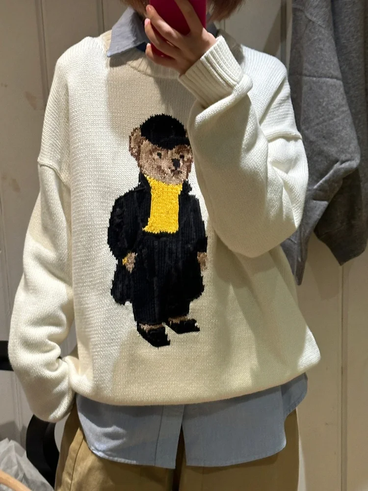 

Thiened Comfortable Bear Knitted Sweater Couple's Warm Cozy Overhead Cotton Knitwear Casual Sle Autumn Winter Faion