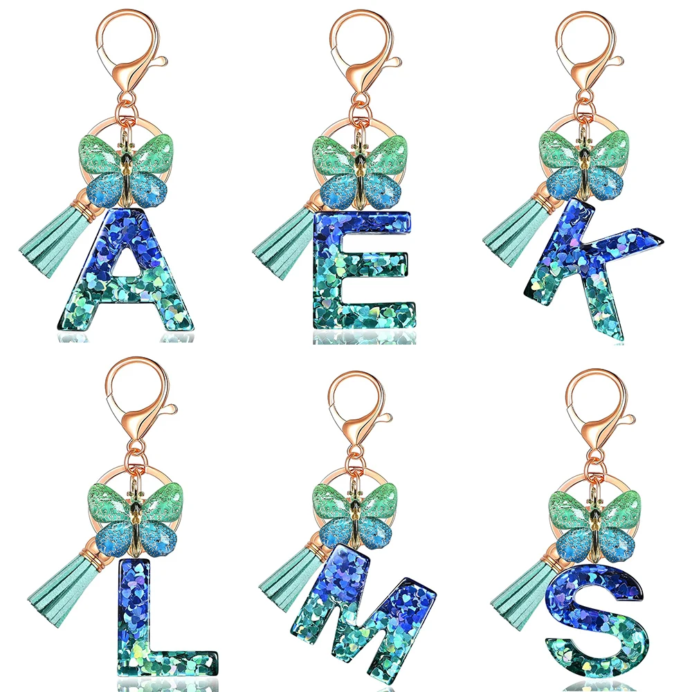 Resin Alphabet Keychain with Sequins Butterfly and  Charm Women's Day Gift Letter Initial Keyring Backpacks Car Keys Decoration