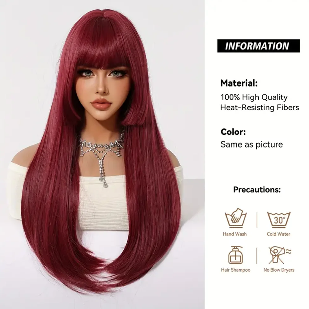 GEMMA Synthetic Wine Red Long Straight Hair Wig with Bangs Princess Cut Burgundy Cosplay Lolita Wigs for Women Heat Resistant