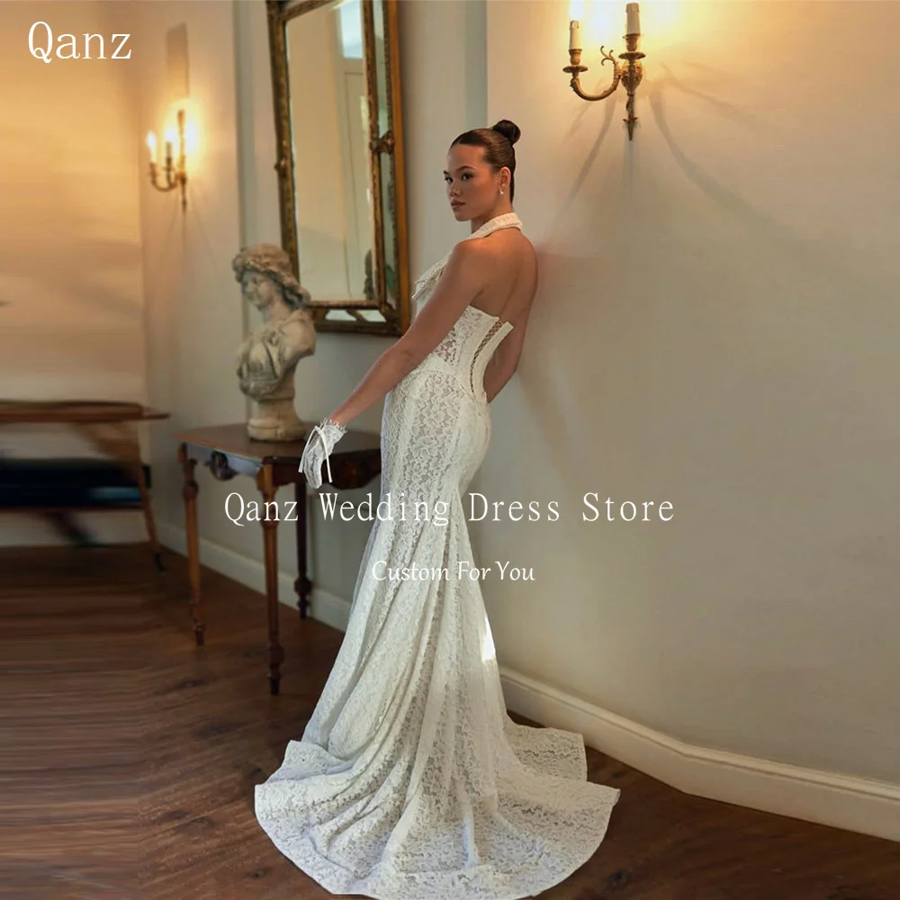 Qanz Boho Mermaid Wedding Dresses Corset Open Back 2 Pieces Lace Appliques Robe De Mariée Halter Neck Bridal Gowns Customized