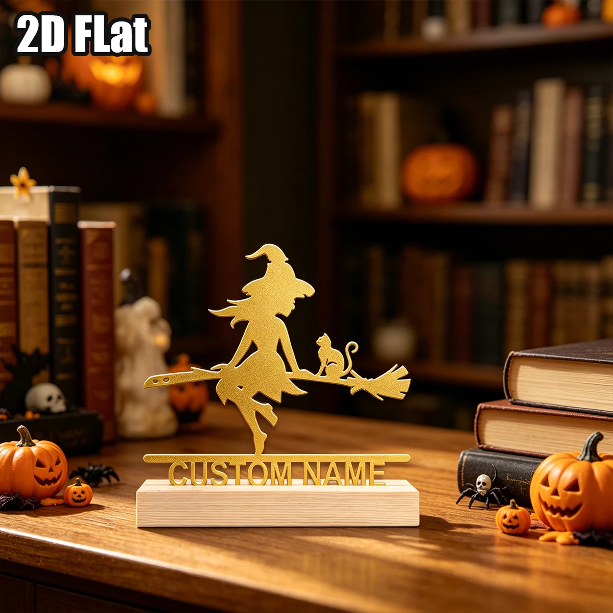 1Pc Custom Gorgeous Witch Wooden Base Metal Ornament,Home Room Desktop Decor,Ideal Birthday Wedding Halloween Festive Gift