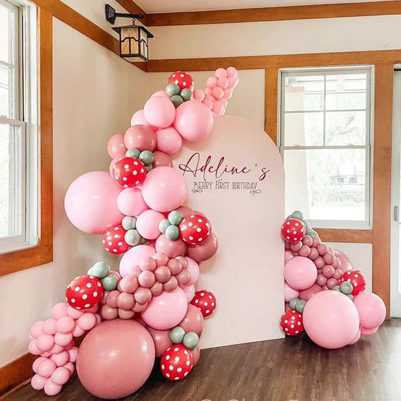 128Pcs A set of pink strawberry themed balloon wreath and arch set for weddings, birthdays, parties and single party decorations