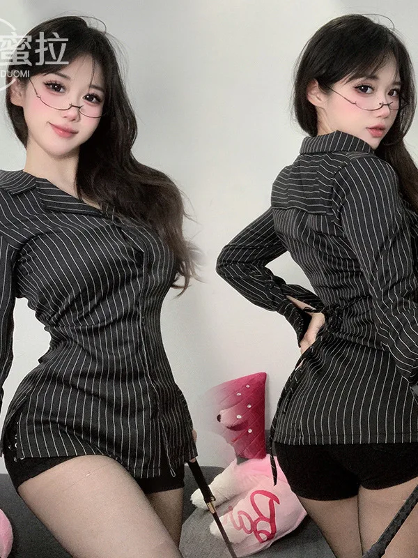 Women's clothing Sexy Pure Desire Secretary Uniform black and white Stripe Shirt Dress Appear thin Self cultivation QDOC