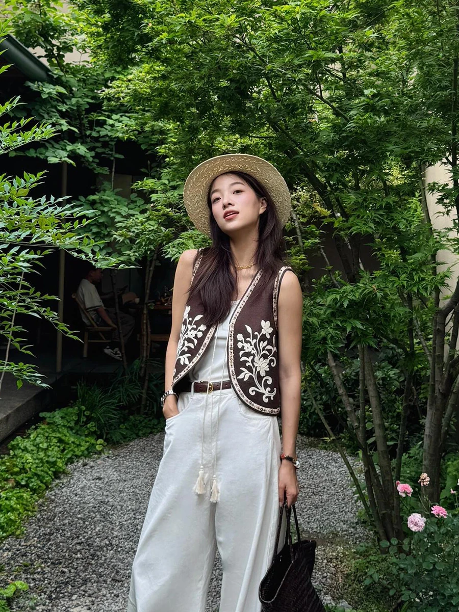 

Модный льняной свободный женский жилет с вышивкой, комплект n Sle, ажурный дизайн, подходящая осенняя коллекция для поездок на работу