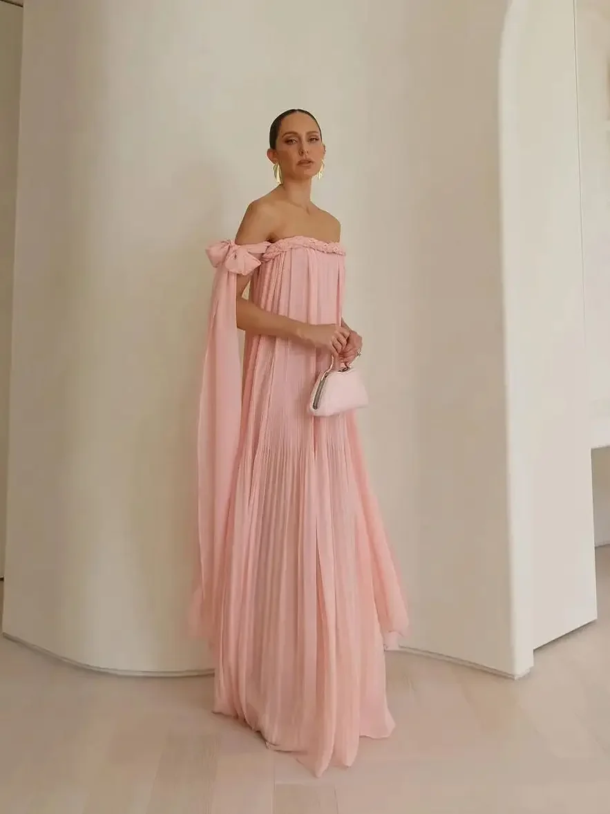 

Off the Shoulder Dress Women Braid Bandage Tie Casual Pleated A-line Long Dress Summer Chic Beach Style Women Maxi Dress