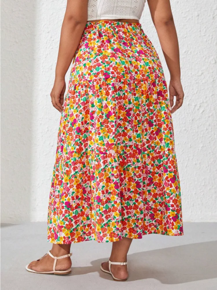 GIBSIE Plus Size Bohemian Beach Long Skirts Women Summer 2024 Holiday Boho Floral Print High Elastic Waist Female A-Line Skirts