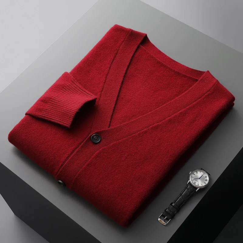 100% merino wool men\'s cardigan cashmere sweater autumn and winter new knitted coat solid color long sleeve high quality coat