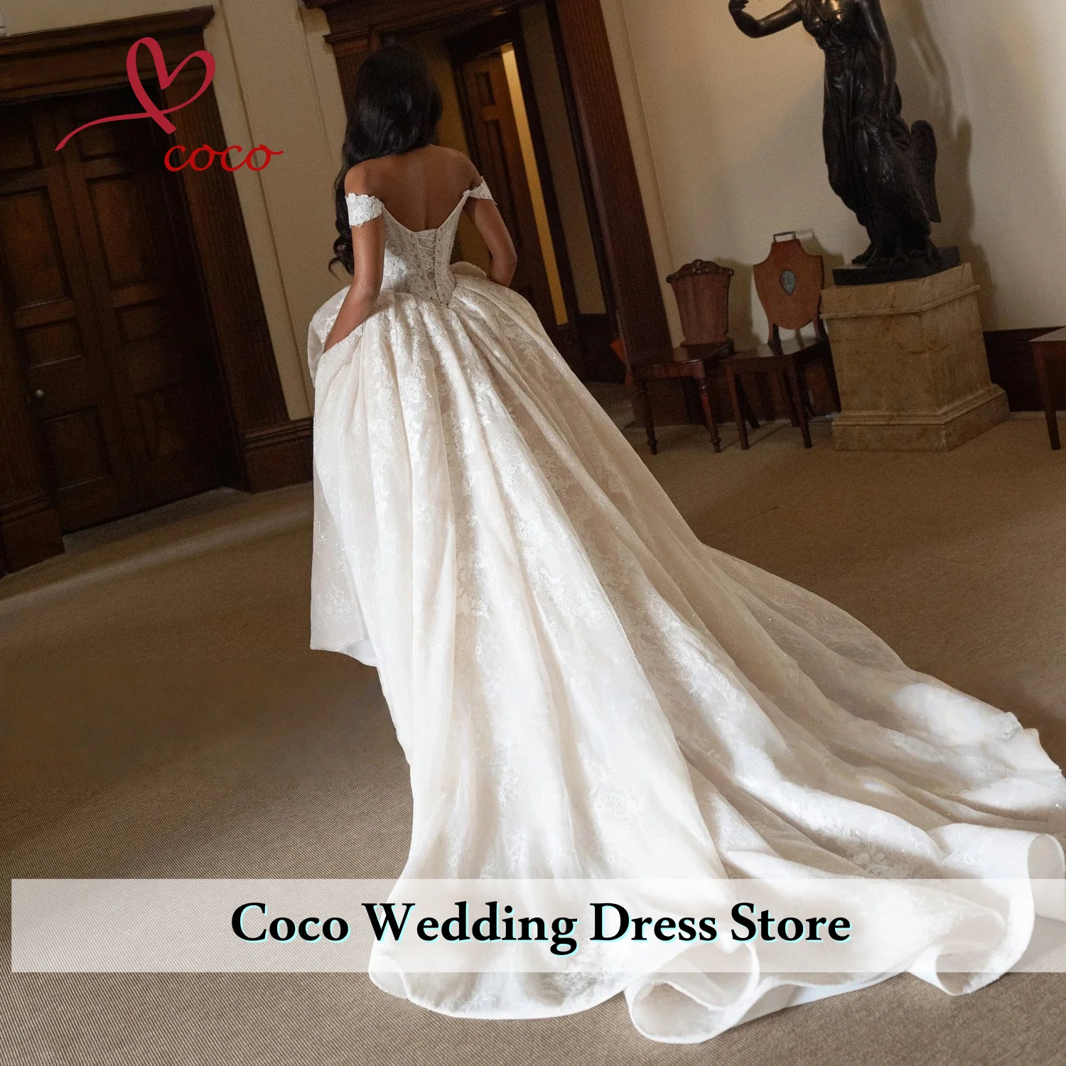 Personalizado elegante fora do ombro vestido de noiva fenda lateral vestido de casamento romântico a linha até o chão vestidos de novia