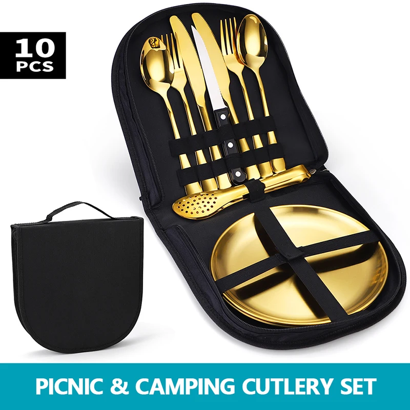 

Picnic Cutlery Set Stainless Steel Camping Tableware Kit Carry Bag Dinnerware Spoon Knife Fork And Plate