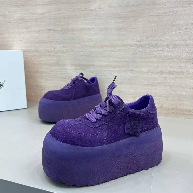 Spliced Platform Sneakers Spring New Round Toe Lace-Up Non-Slip Heightened Low-Top Single view 4
